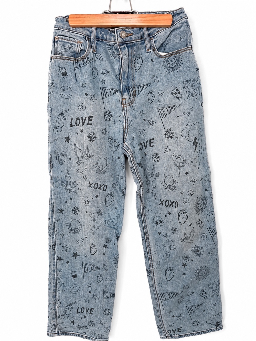 Hollister Ultra High Rise Dad Jeans Doodle Print Light Wash W26 Straight Leg 3S
